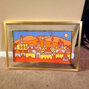 Vintage Embriodery NeedlePoint  Handmade Castle Town Yellow and Orange